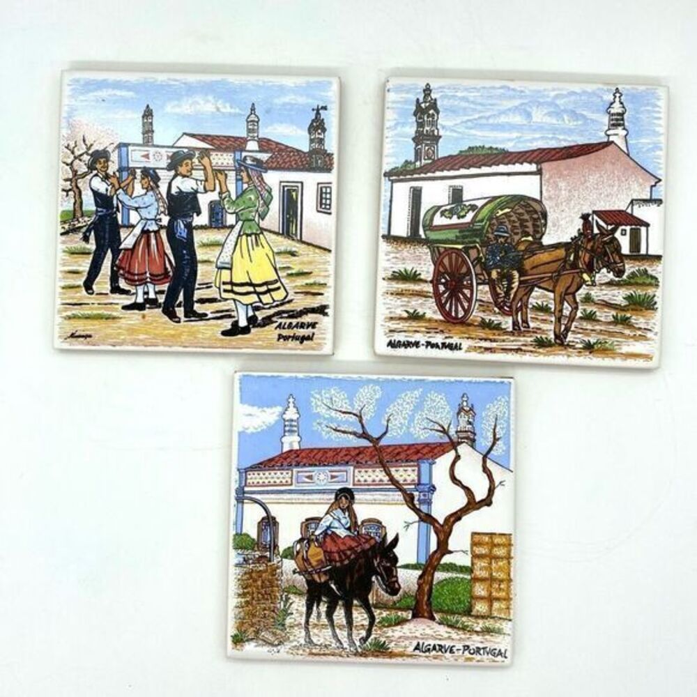 Vintage Painted Portugal Cork Framed Ceramic Tile Trivets Algarve Set of 3